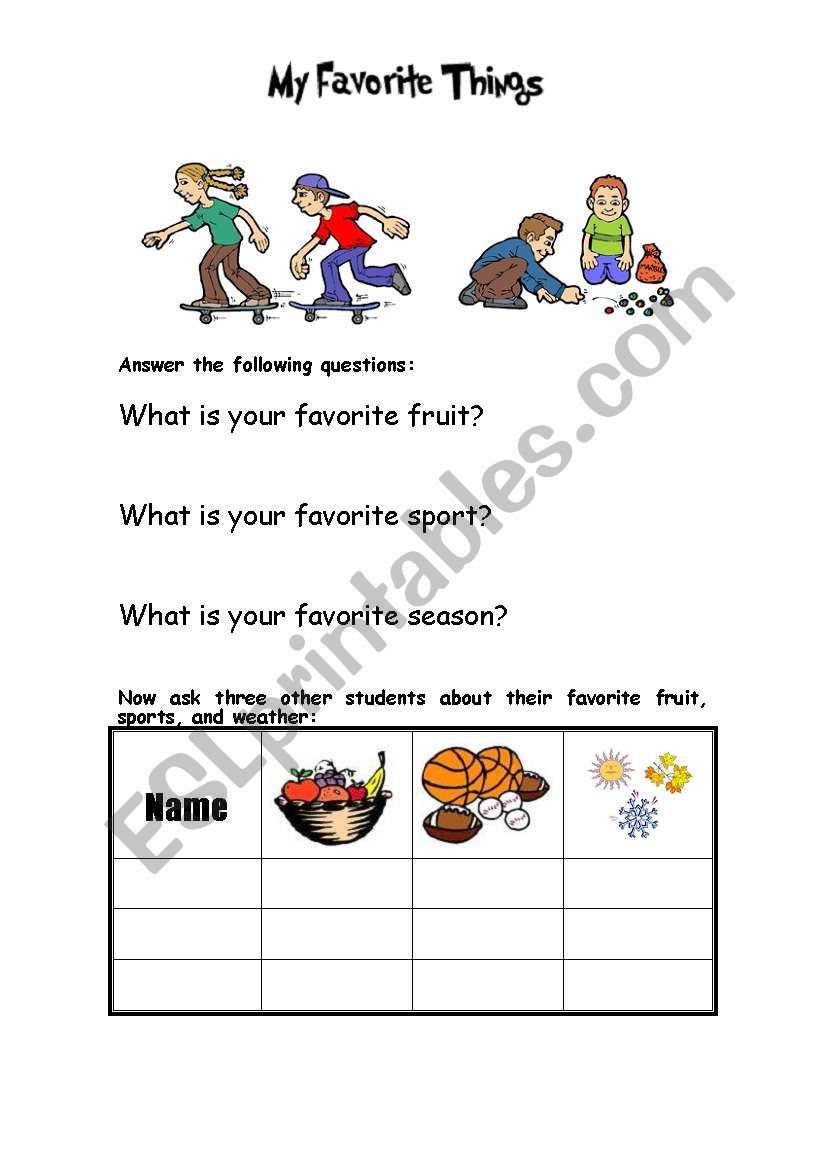 my favorite things worksheet