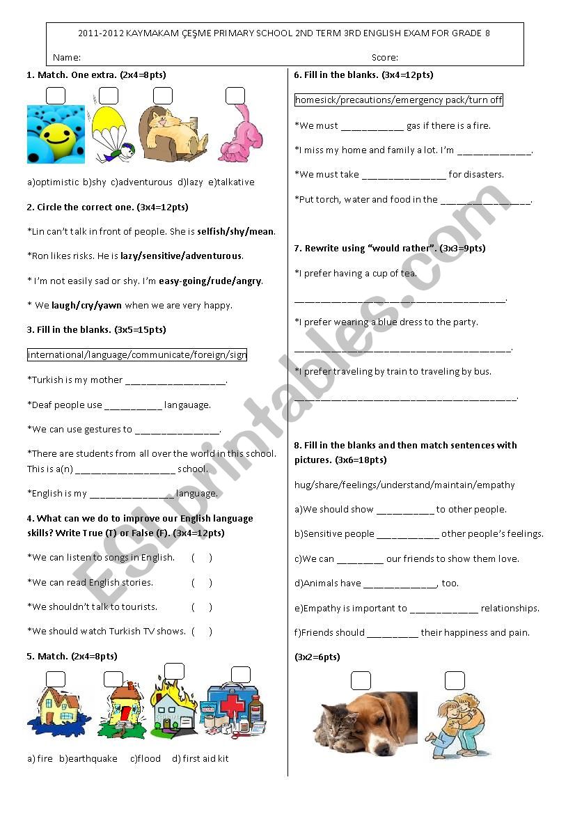 8th grade last exam worksheet