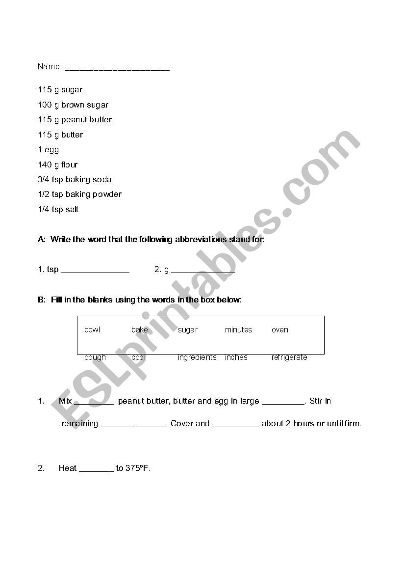 Recipe Worksheet worksheet