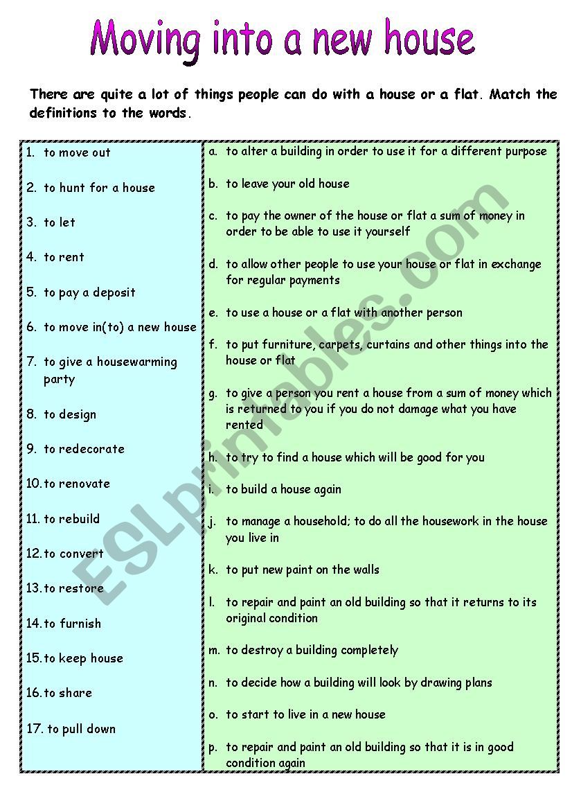 Moving into a new house worksheet