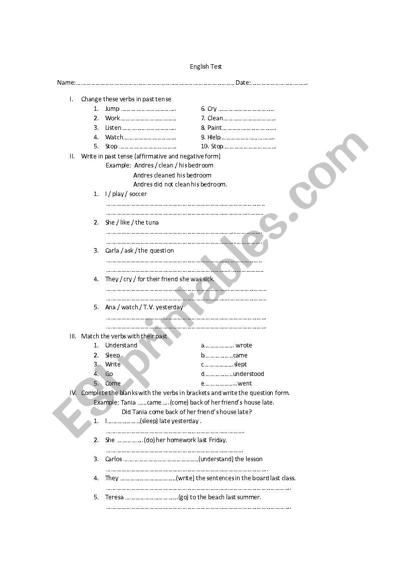 Test past tense worksheet