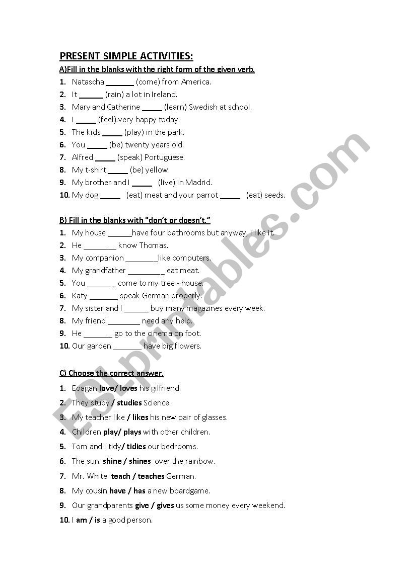 Present simple activities worksheet