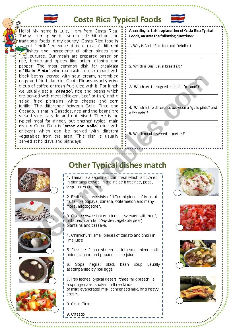 Costa Rica Typical Foods worksheet