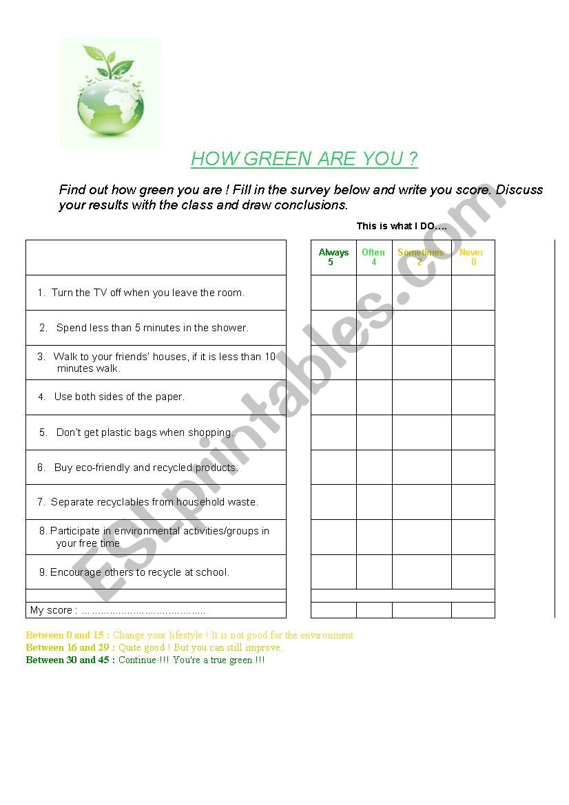 How green are you? worksheet