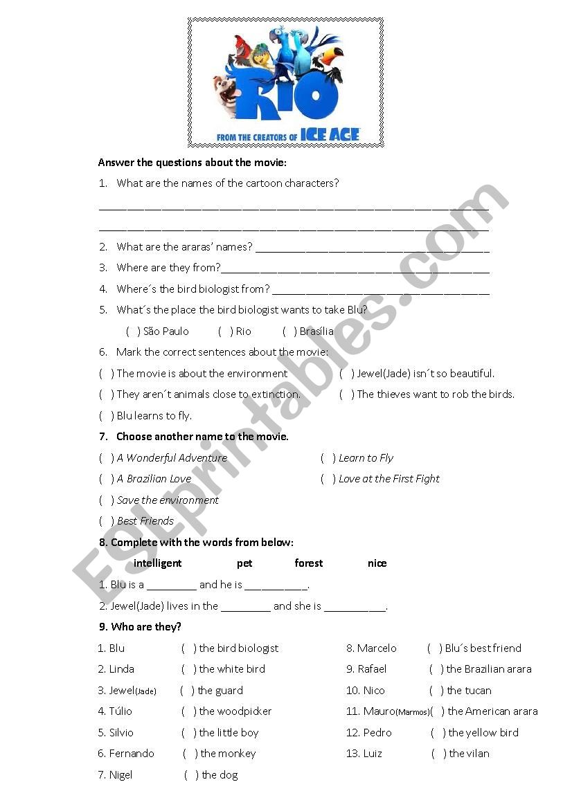 Questions about the movie RIO worksheet