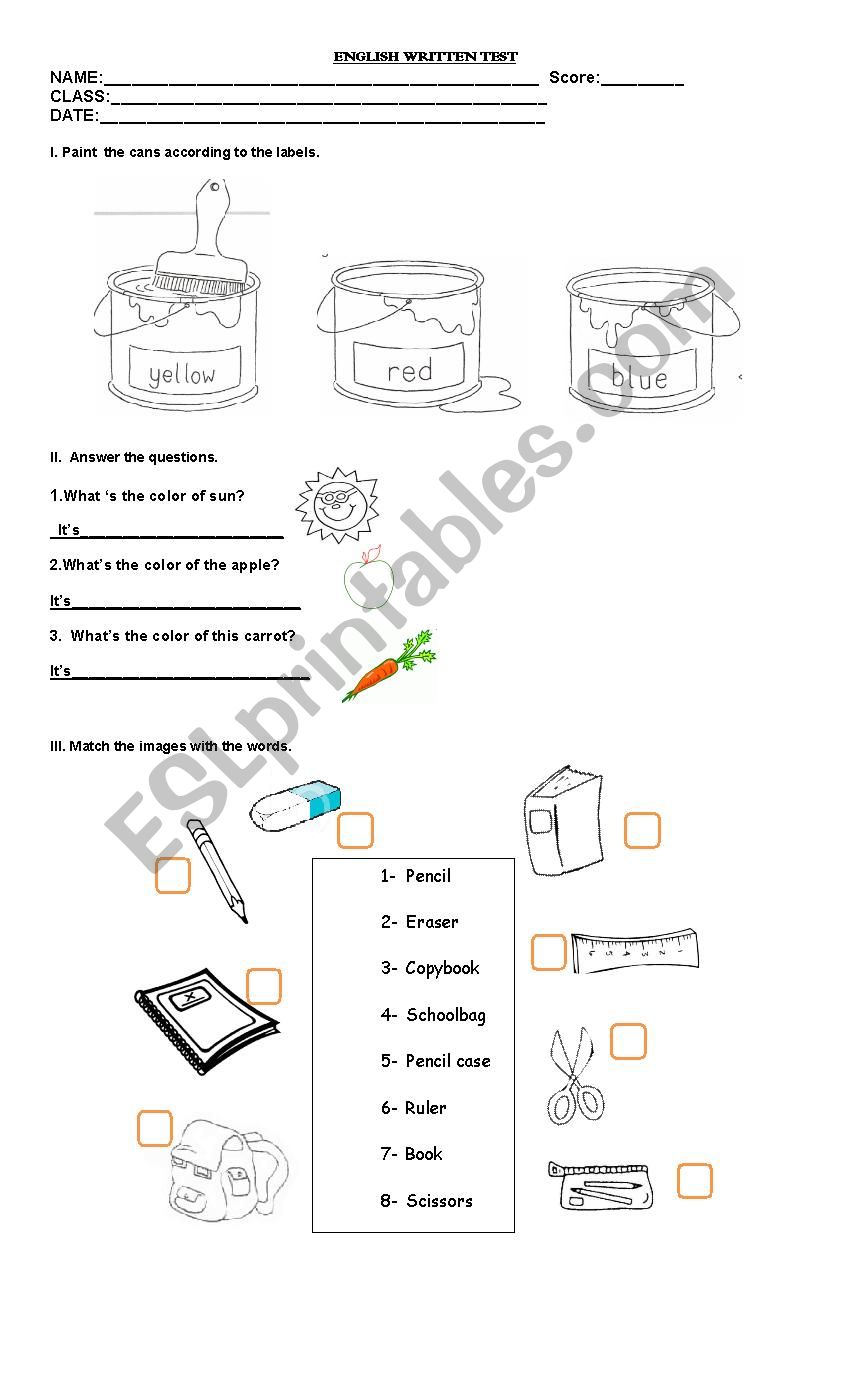 colors & school objects test worksheet