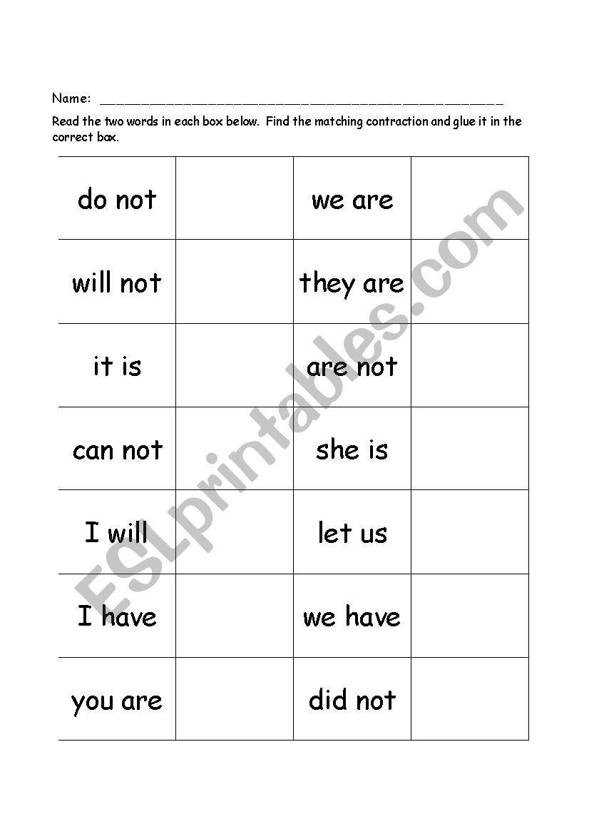 Contraction Words worksheet