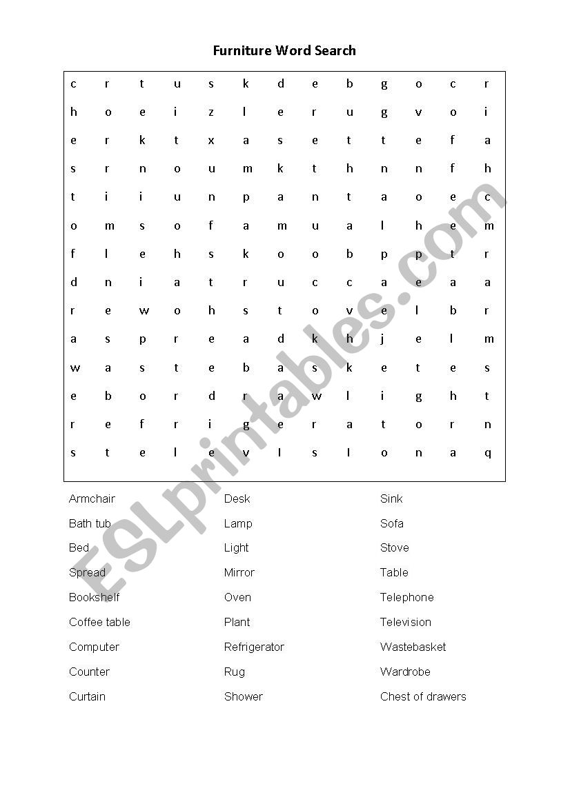 Furniture Word Search worksheet