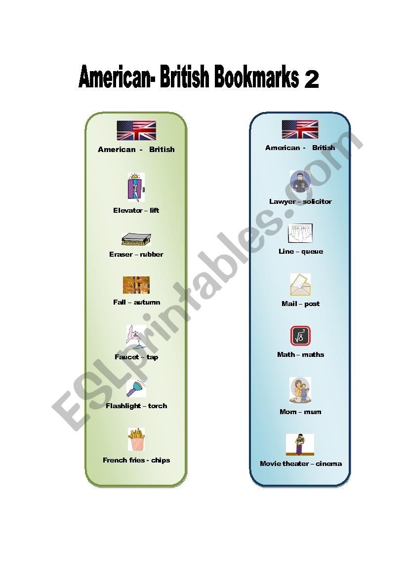 American - British bookmark pictionary 2