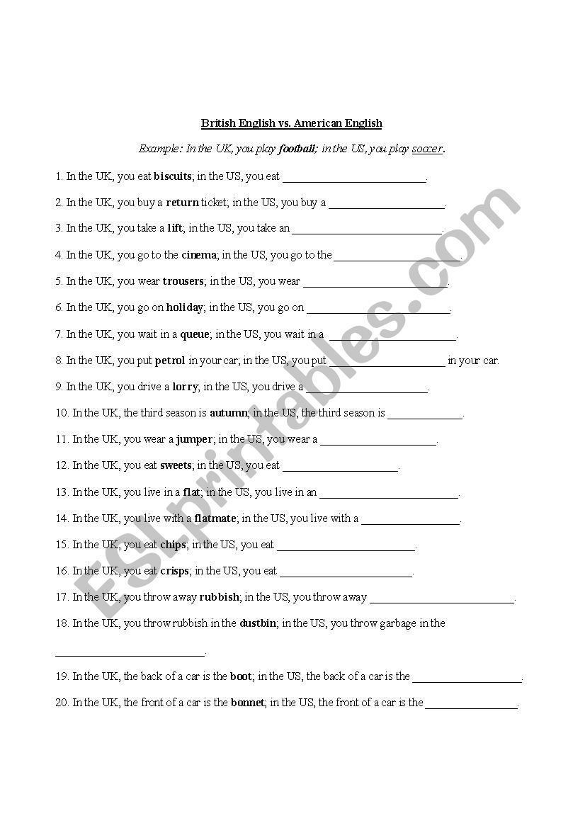 British and American English worksheet