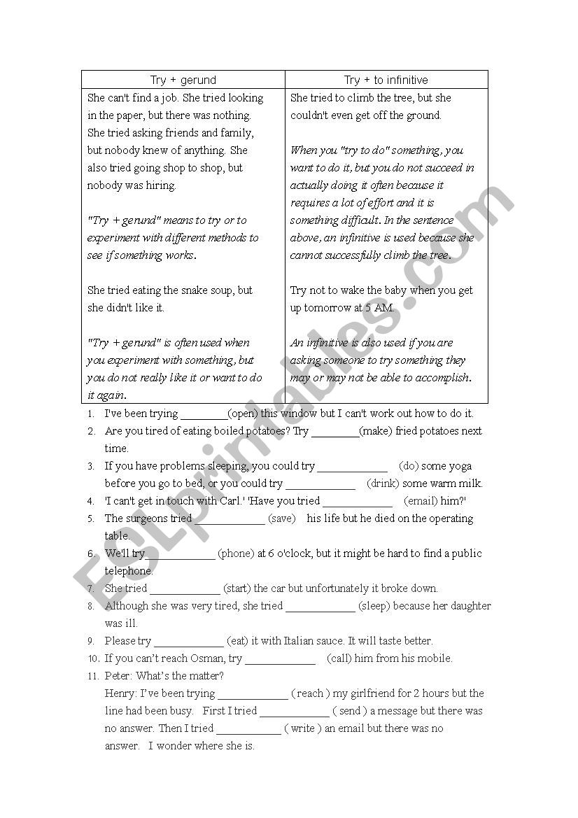 Try gerund -ing infinitive worksheet