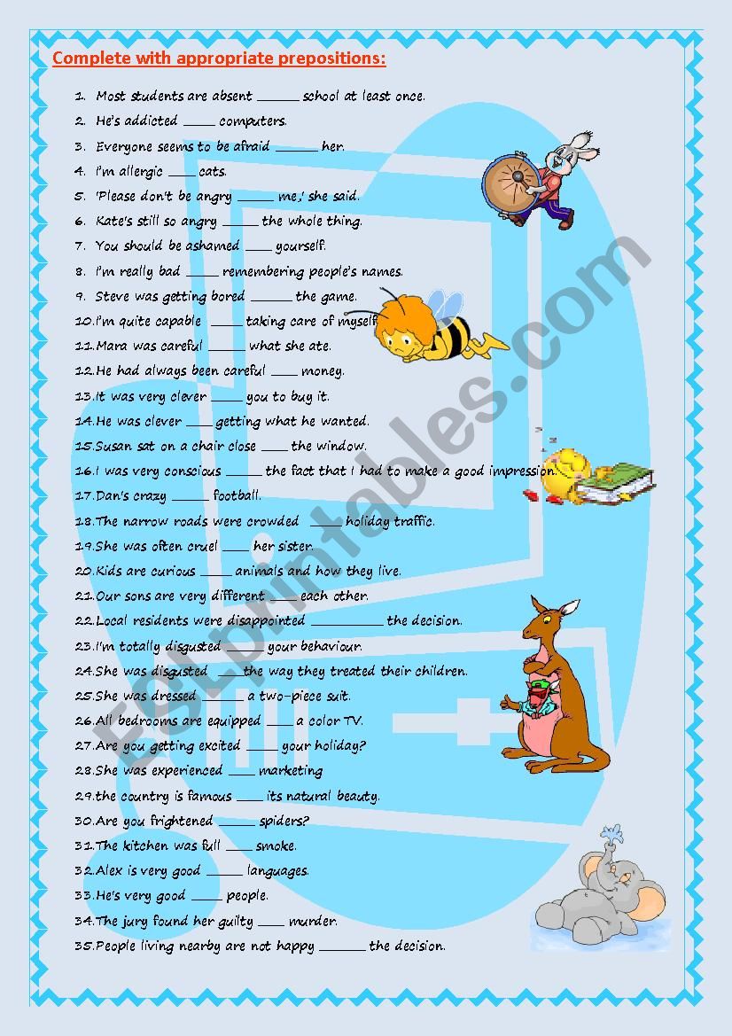 Adjectives followed by prepositions (key included)