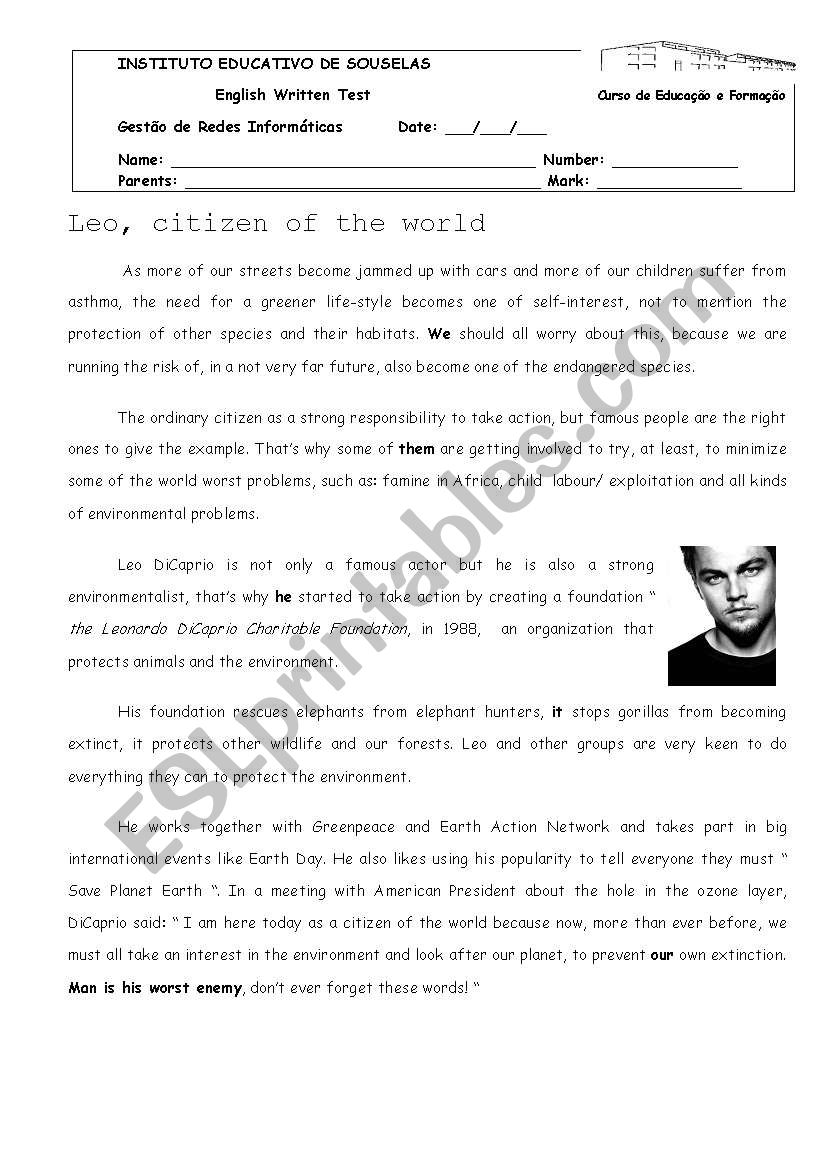 Leo Citizen of the World worksheet