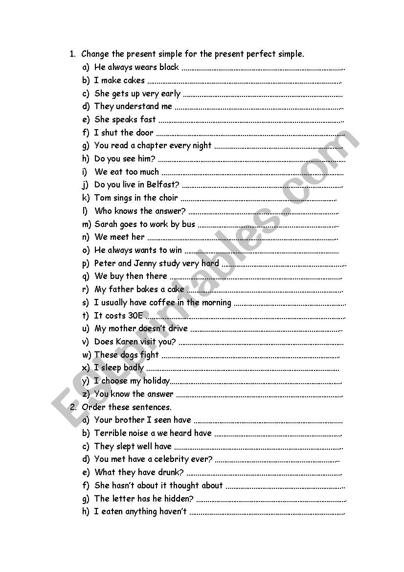 present perfect simple worksheet