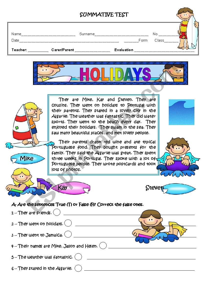 HOLIDAYS - FINAL TEST worksheet