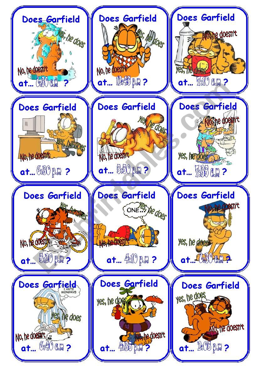 Garfield daily routine and time go fish cards!