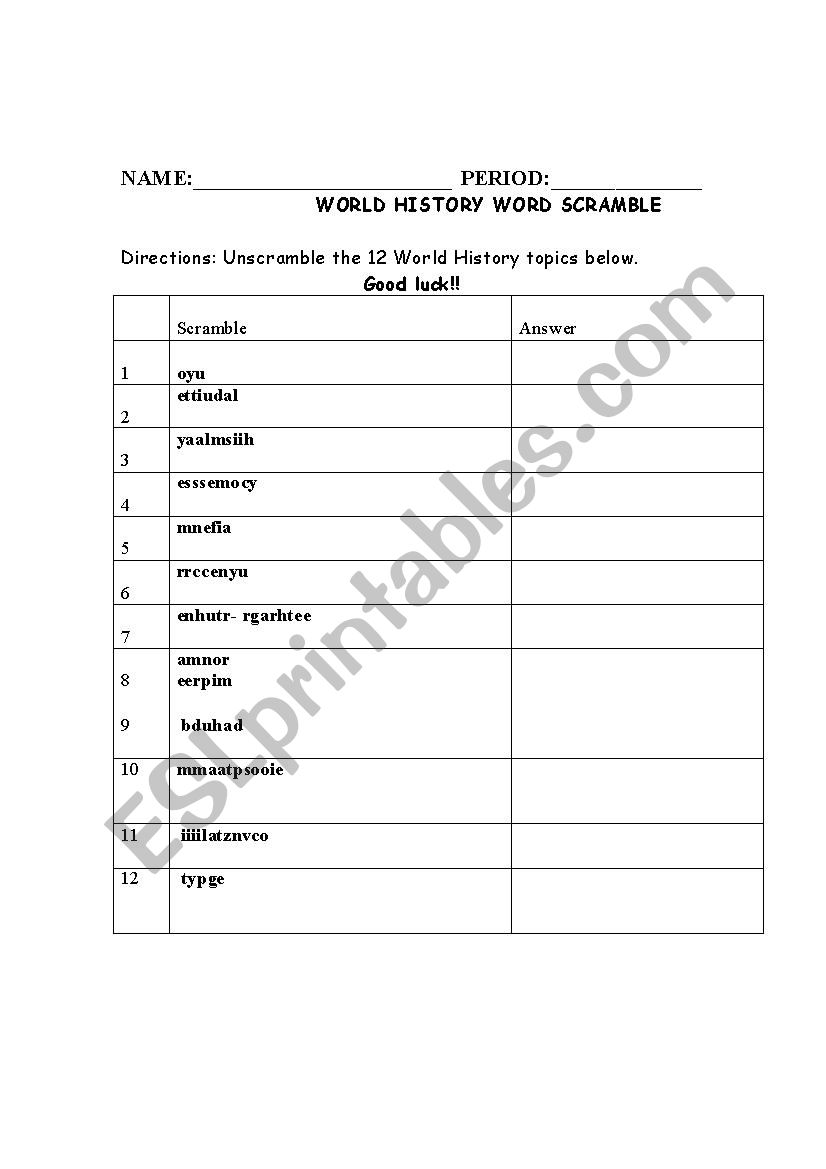 World History welcome word scramble