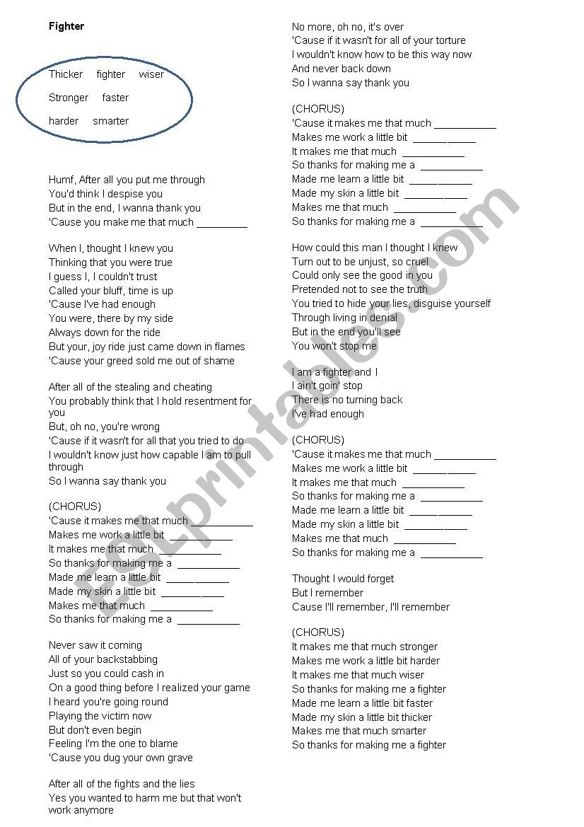 Fighter by Christina Agillera worksheet