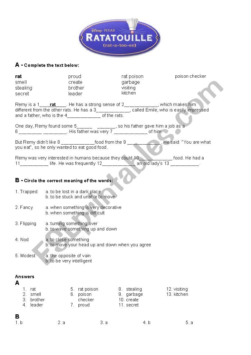 Ratatouille Movie Worksheet worksheet