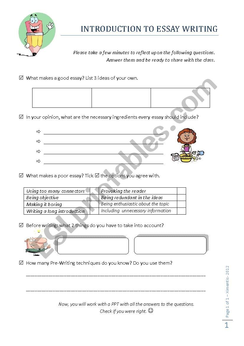 Worksheet for Essay Writing PPT