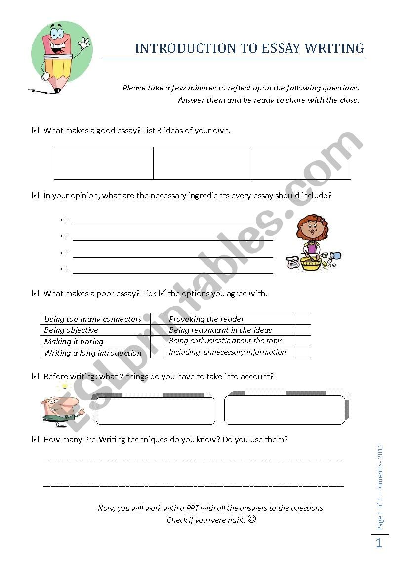 Worksheet for Essay Writing PPT