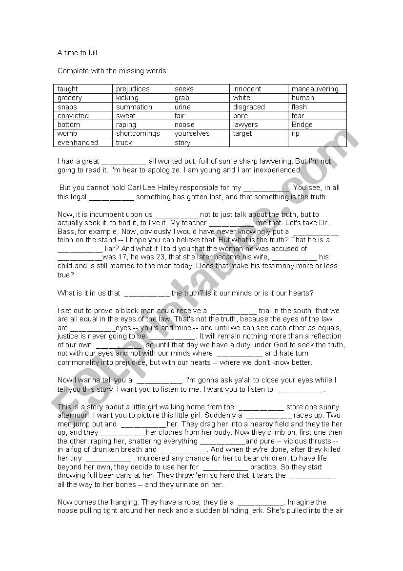 A Time to Kill Final Speech worksheet