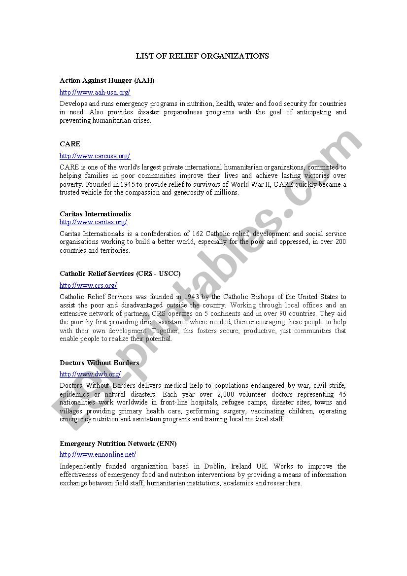 World Organizations worksheet