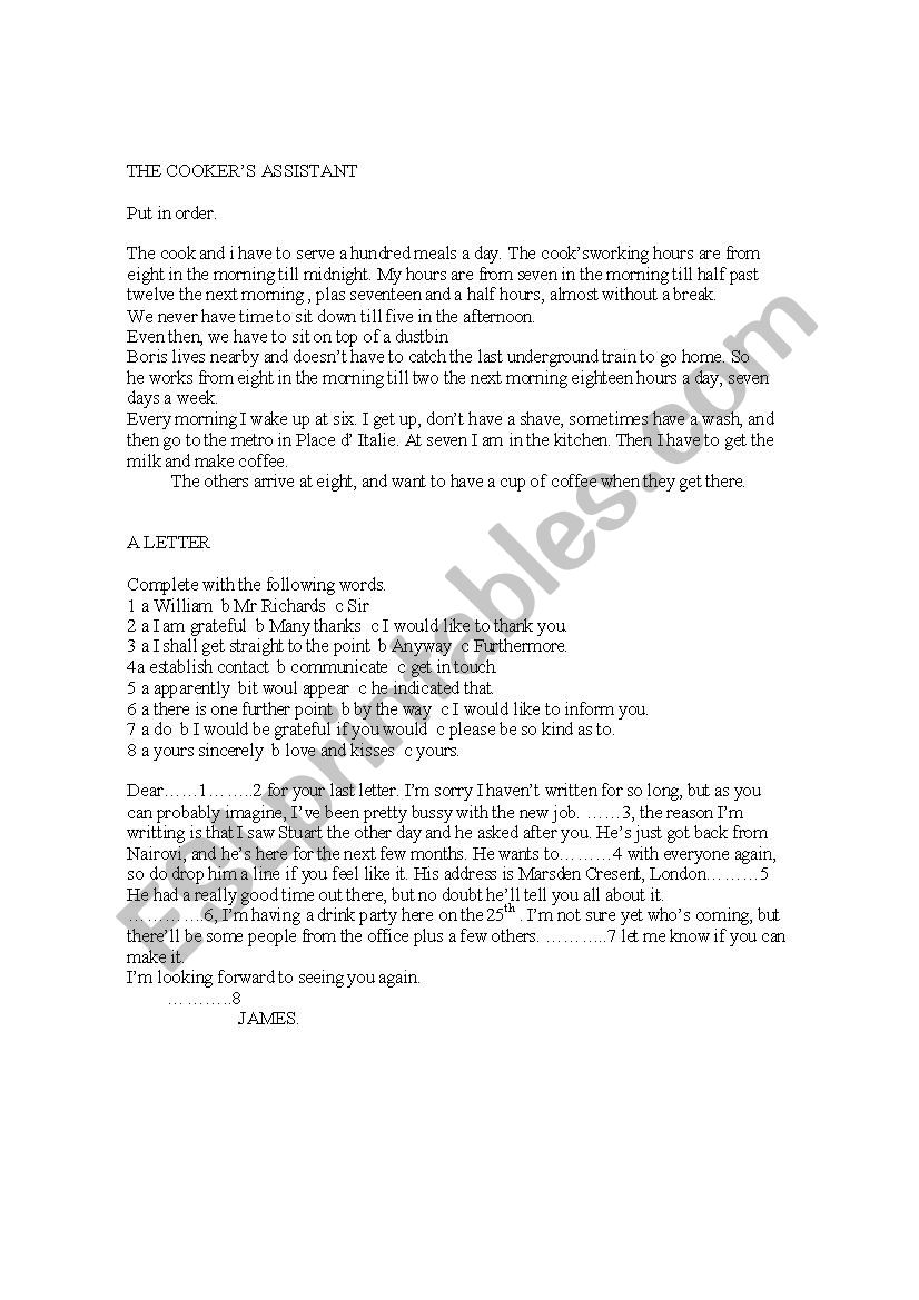 the cooker and the letter. worksheet