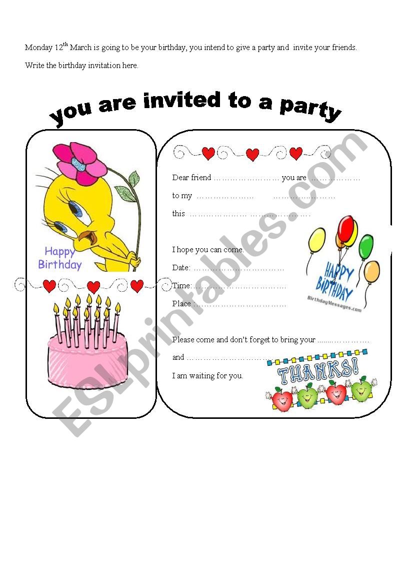 writing a birthday invitation worksheet