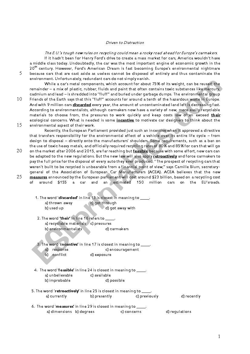 READING TEST worksheet