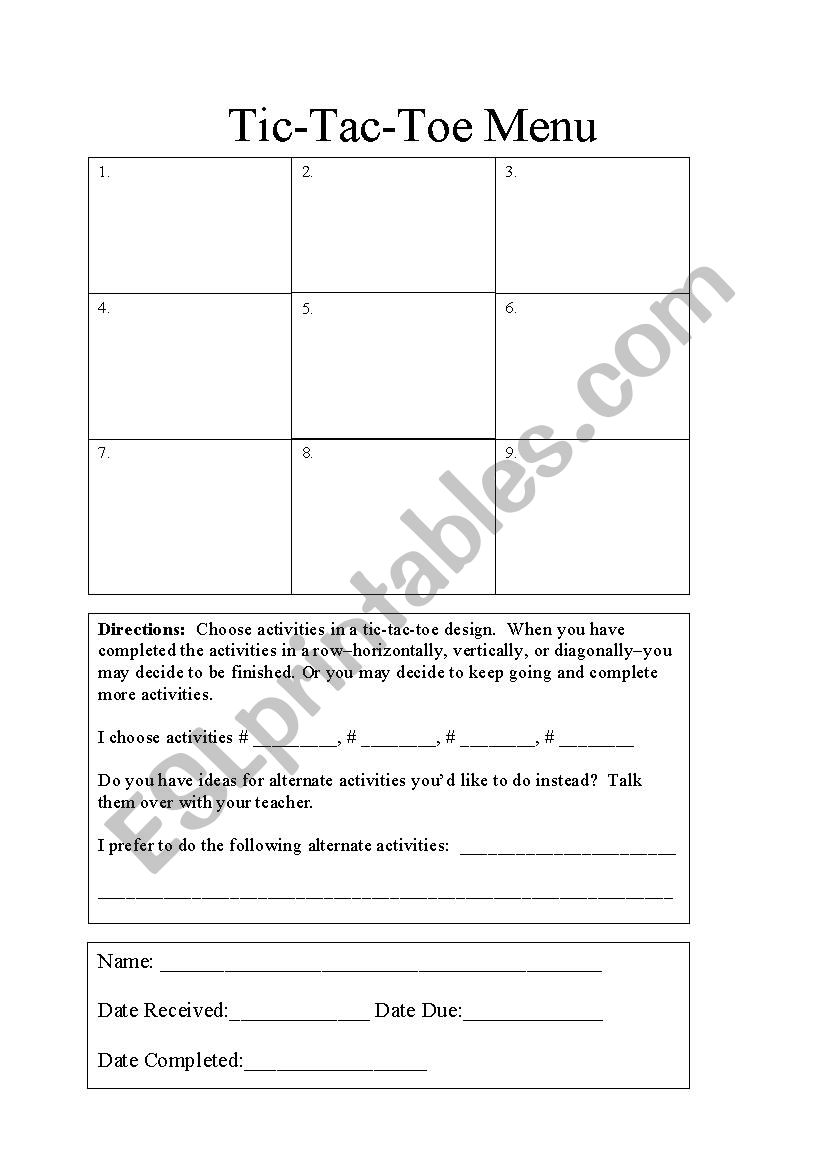 Blank Tick Tac Toe Template worksheet