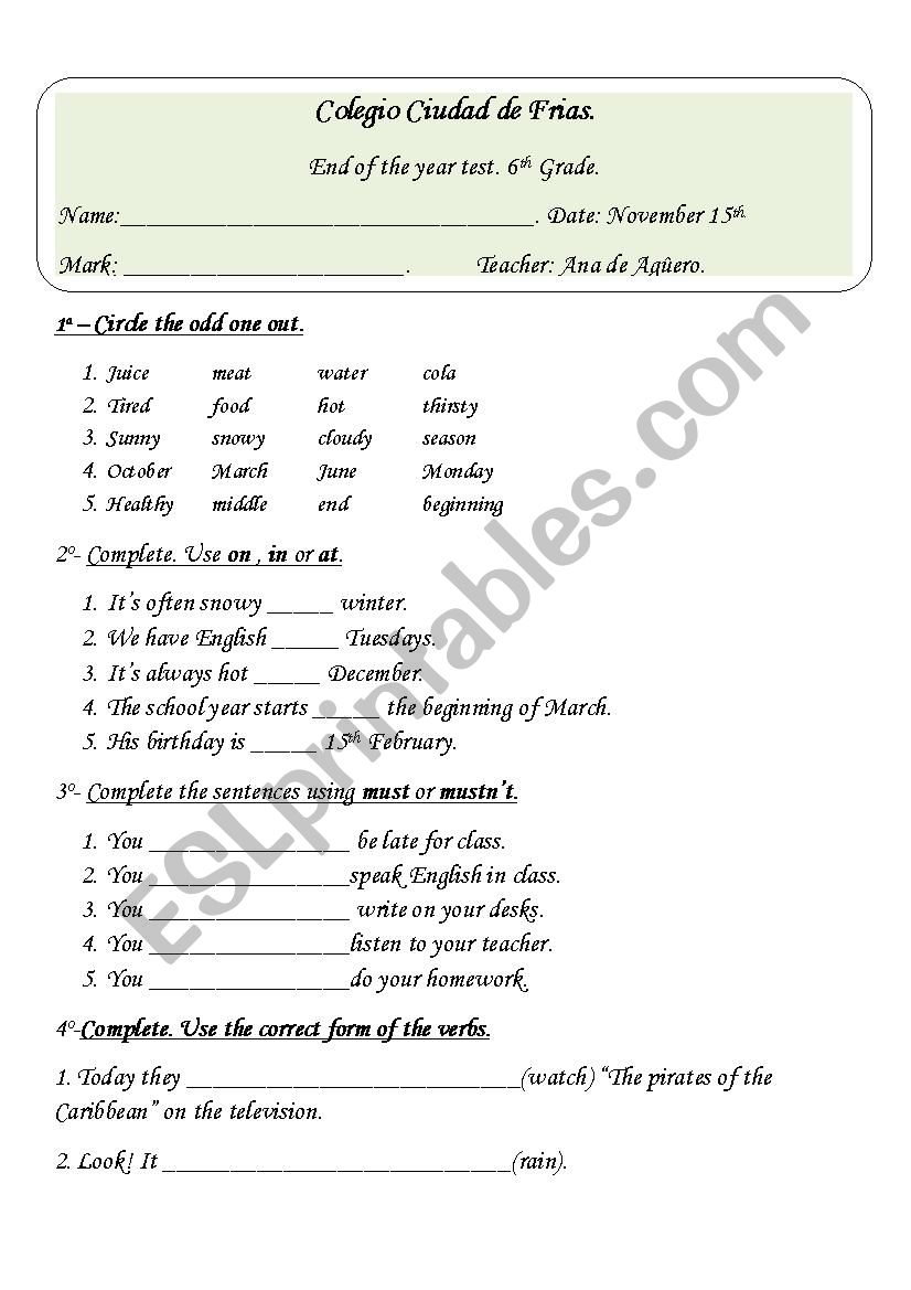 test worksheet