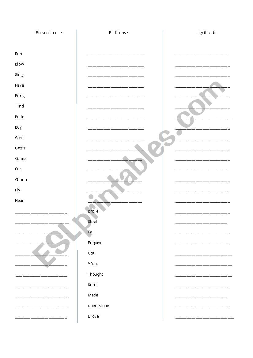 verb list worksheet