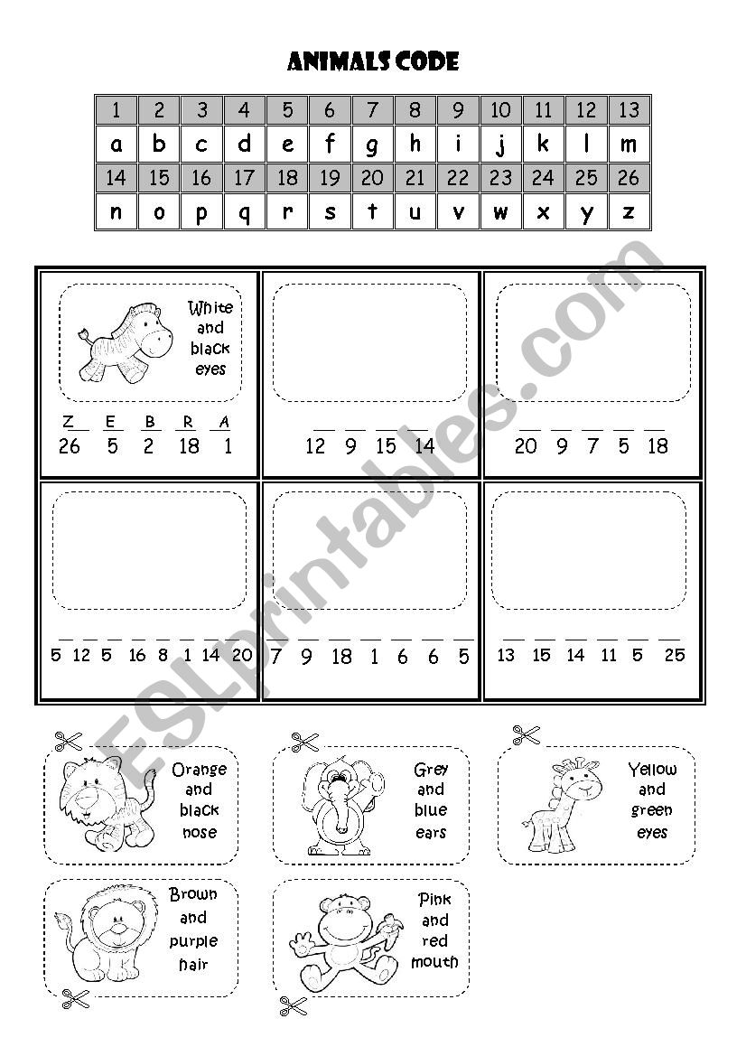 Animals code worksheet