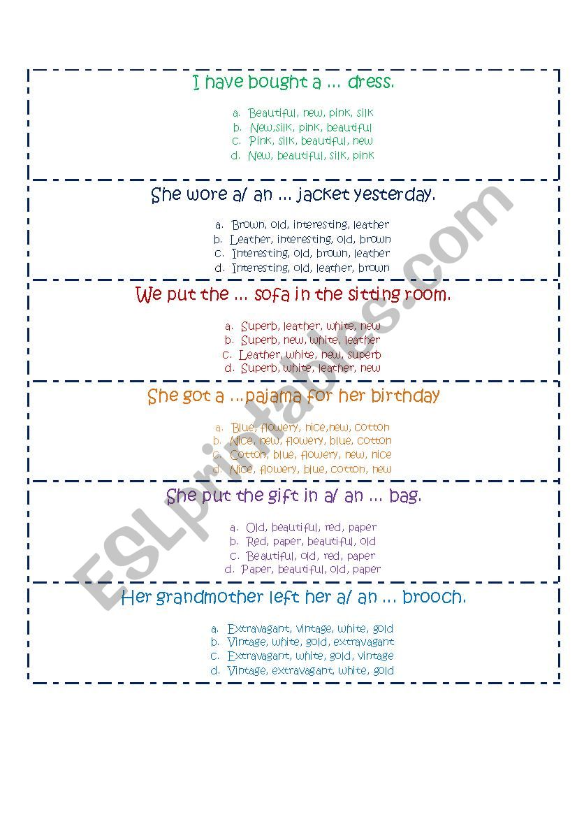 Adjective order multiple choice cards