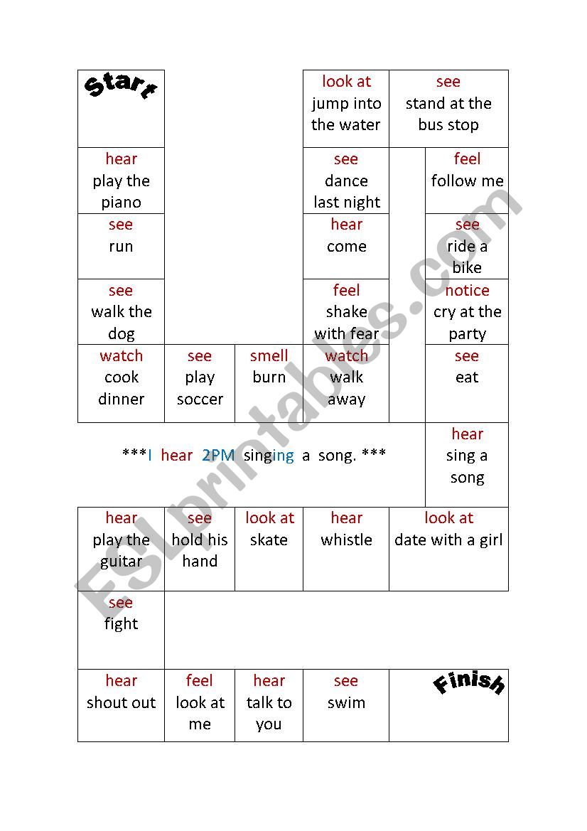 board game(perception verbs) worksheet