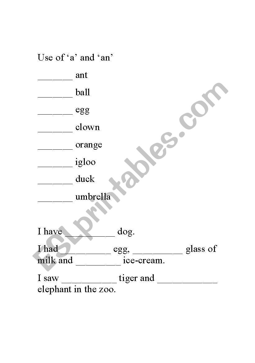 Use of A and An worksheet