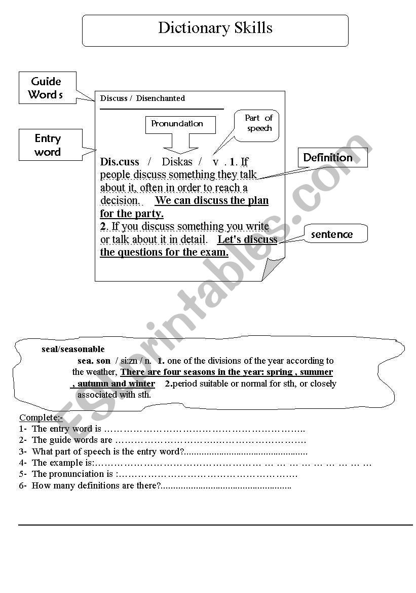 Dictionary Skills worksheet