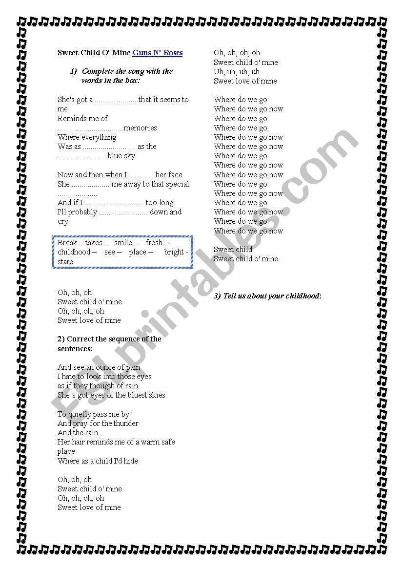 Sweet Child omine worksheet