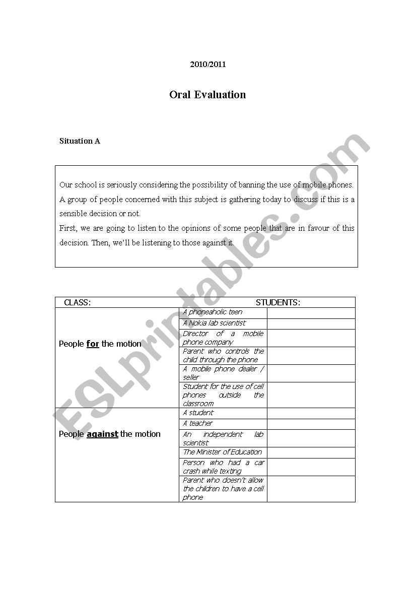Oral evaluation worksheet