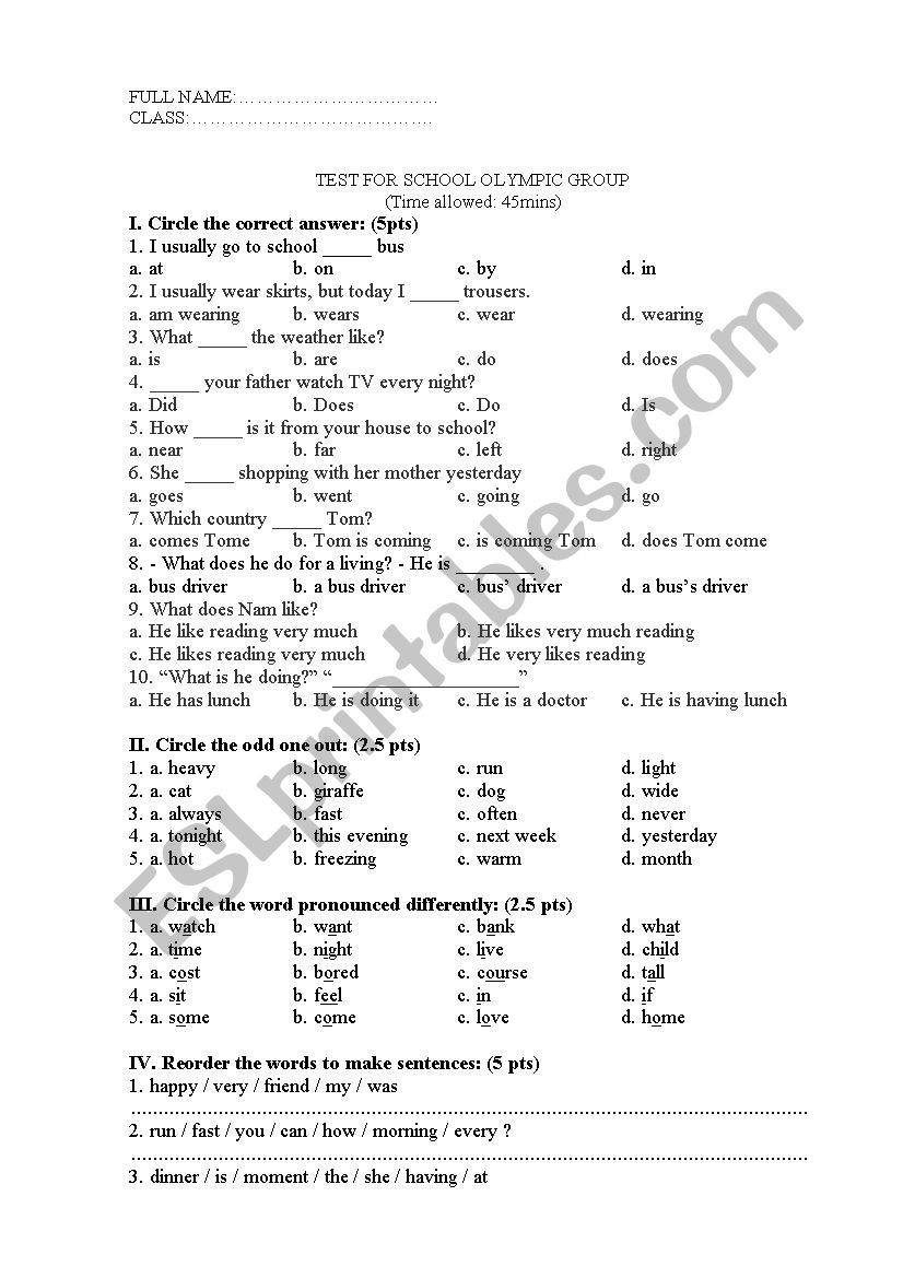 English For Grade 5 ESL Worksheet By Phuongnhe86