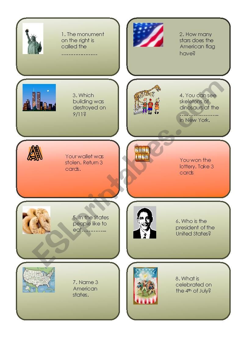 trivia card game USA 1/3 worksheet