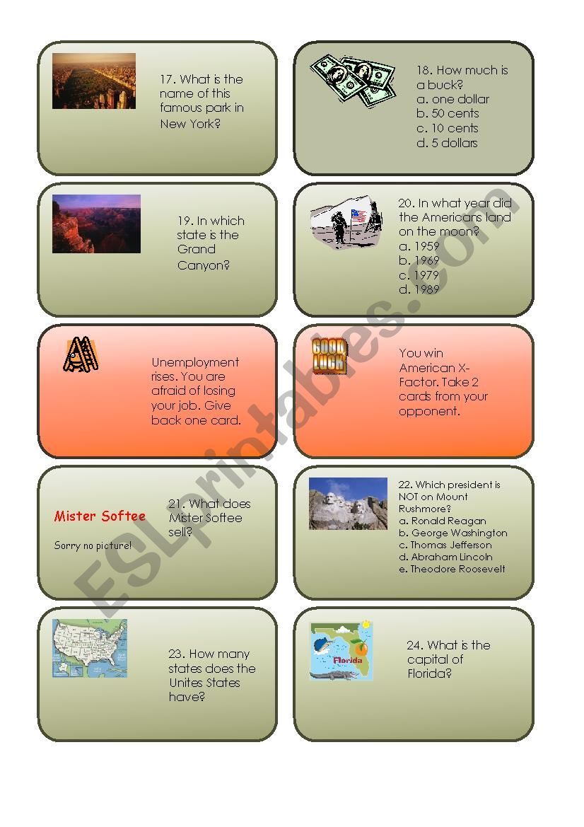 Trivia card game USA 2/3 worksheet