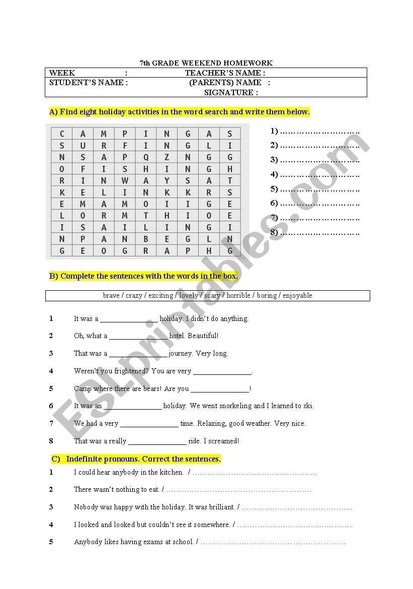 indefinite pronouns/ activities / adjectives