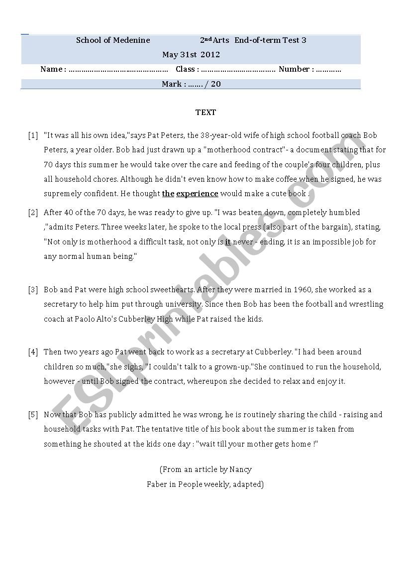   test 6, 2nd Arts worksheet