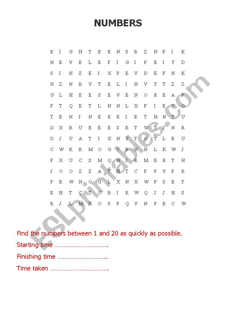 NUMBERS WORDSEARCH worksheet