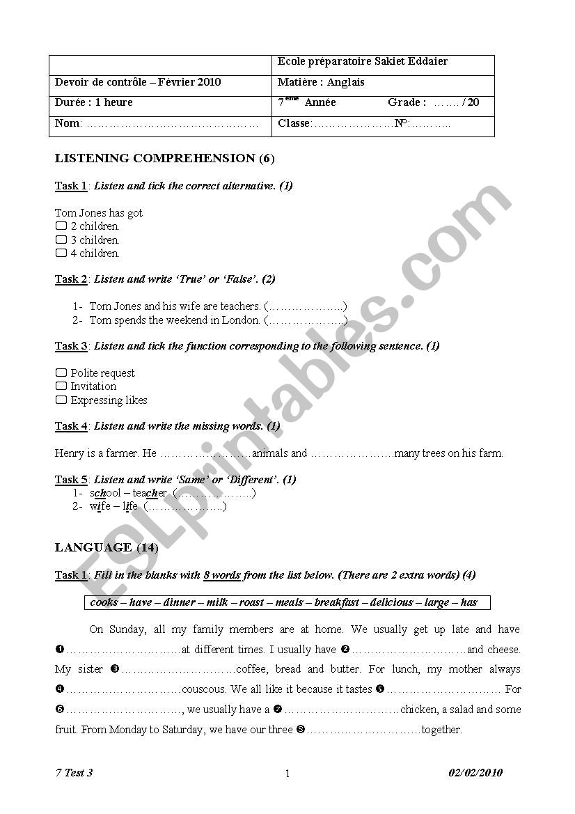 7 Test 3 2010 worksheet