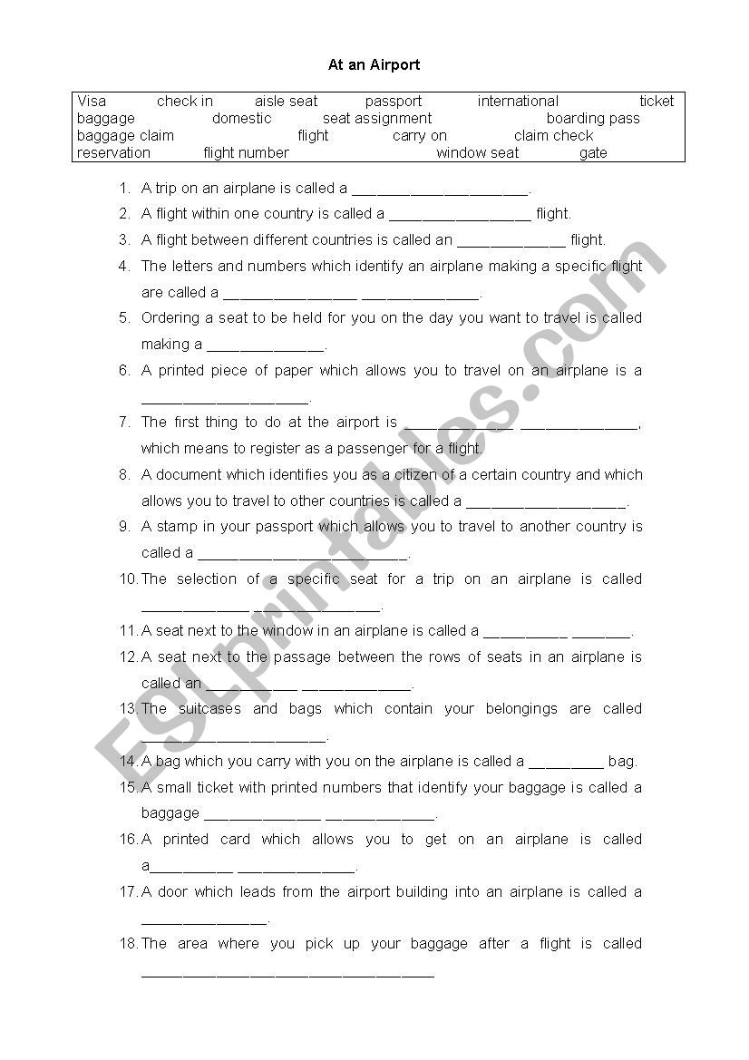 At the airport worksheet