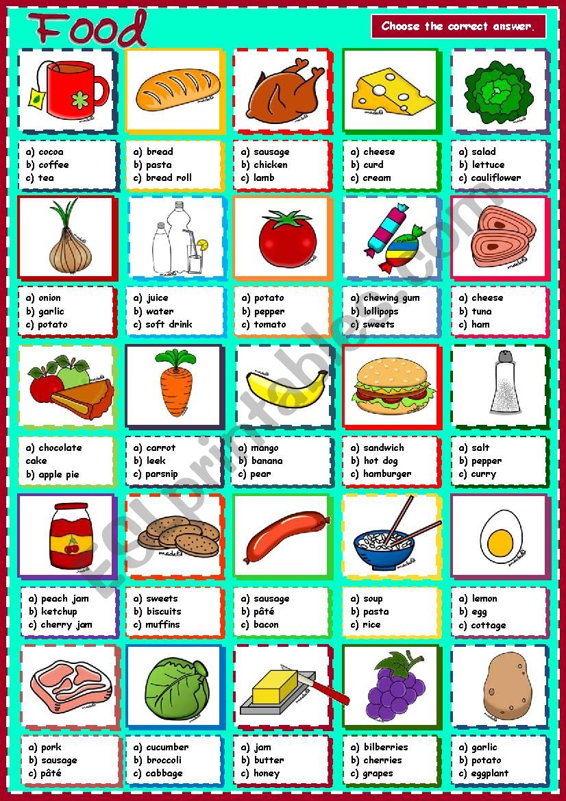 Food - multiple choice (B&W included) - ESL worksheet by mada_1