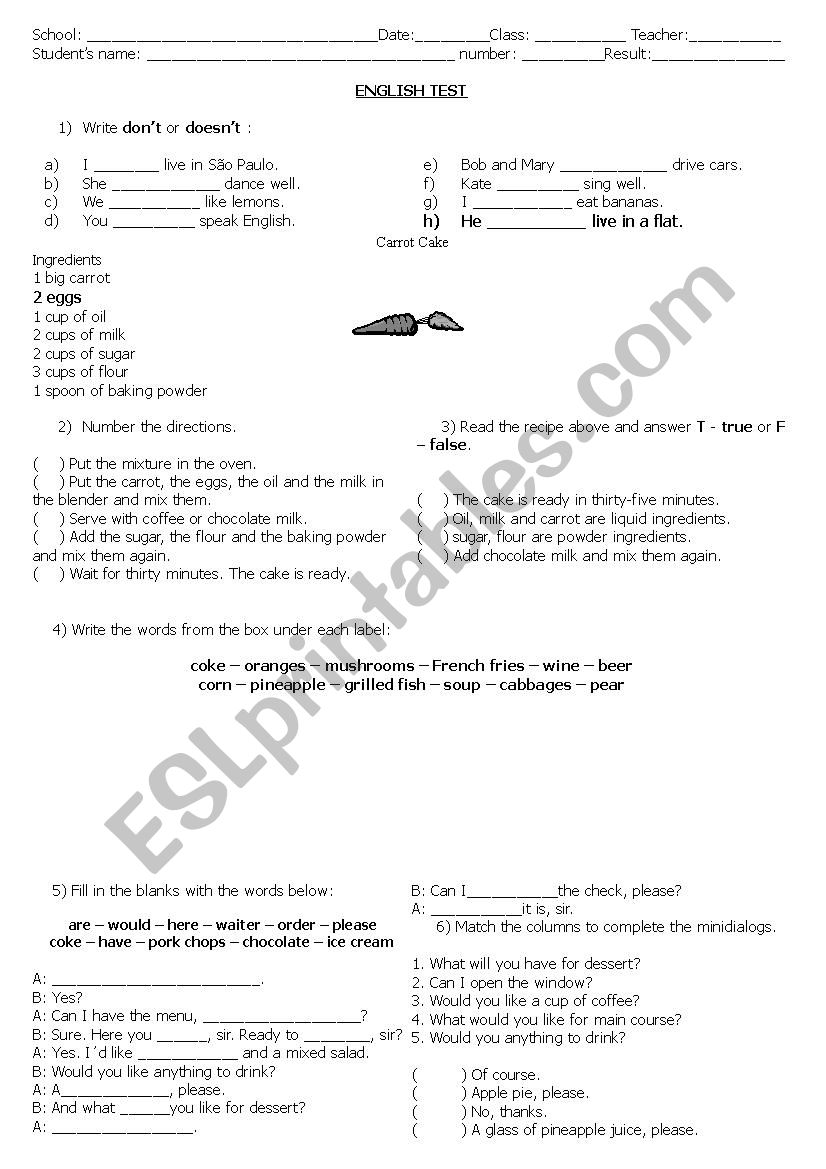 Food / Present Simple test worksheet